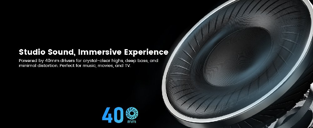 Text reads 'Studio Sound, Immersive Experience' and '40'. Black and chrome speaker or audio equipment component with curved metallic surface and blue accent lighting.